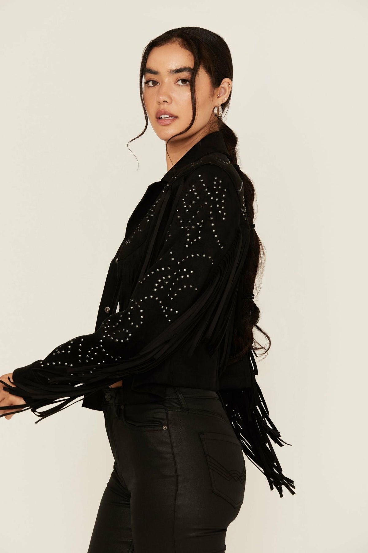 Idyllwind Blair Fringe and Studded Faux Suede Snap Jacket
