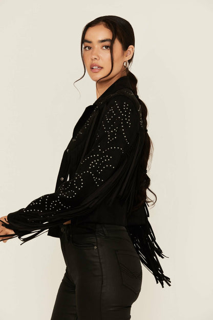 Idyllwind Blair Fringe and Studded Faux Suede Snap Jacket
