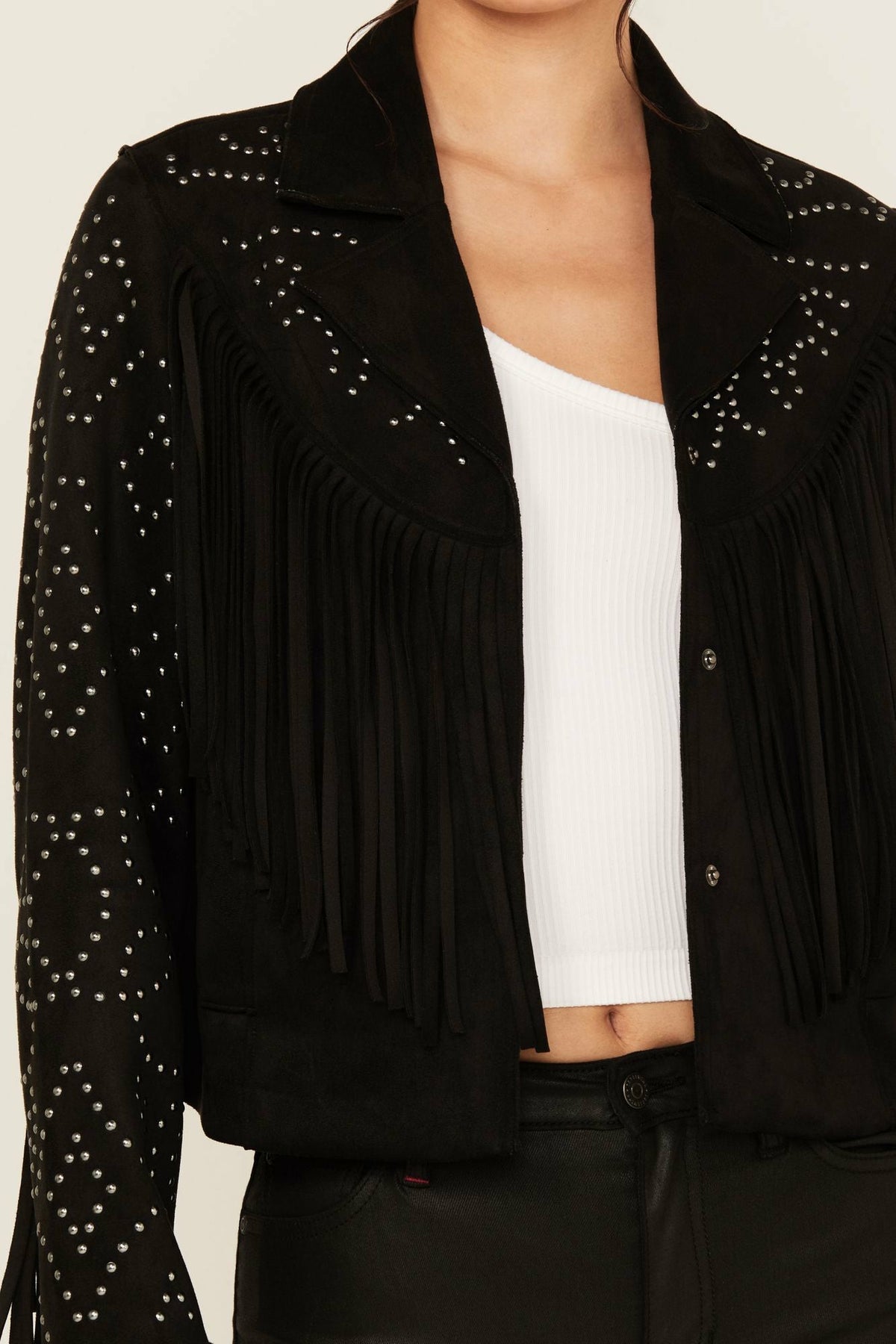 Idyllwind Blair Fringe and Studded Faux Suede Snap Jacket