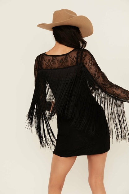 Idyllwind Melvin Lace Fringe Long Sleeve Mini Dress