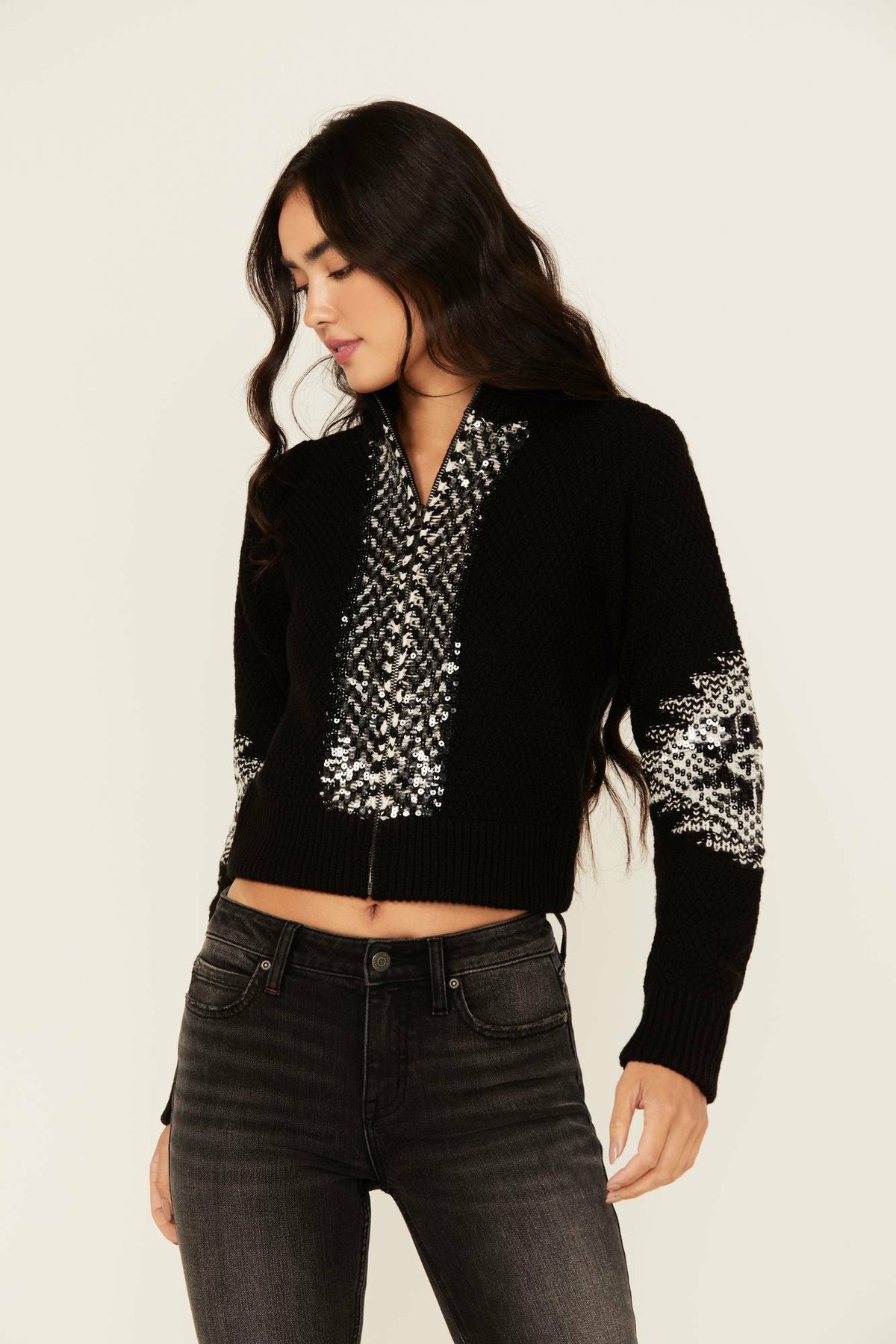 Idyllwind Dallas Sequins Cropped Zip Front Sweater