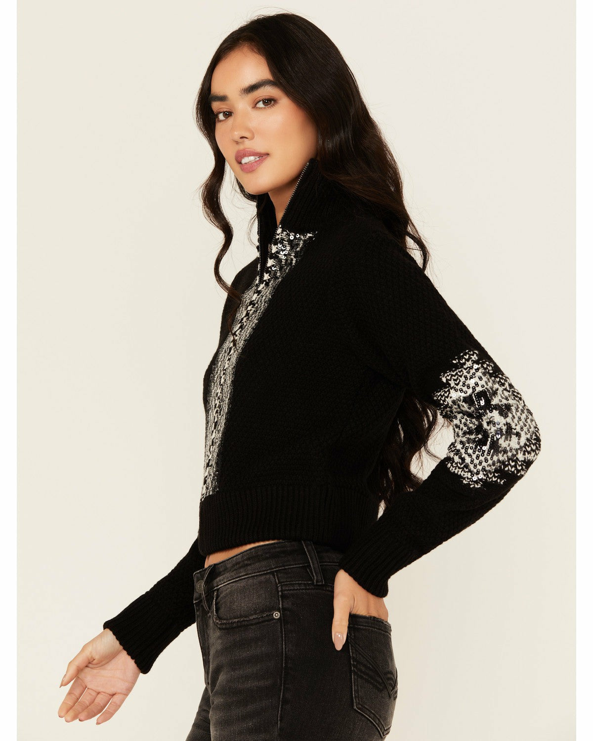 Idyllwind Dallas Sequins Cropped Zip Front Sweater