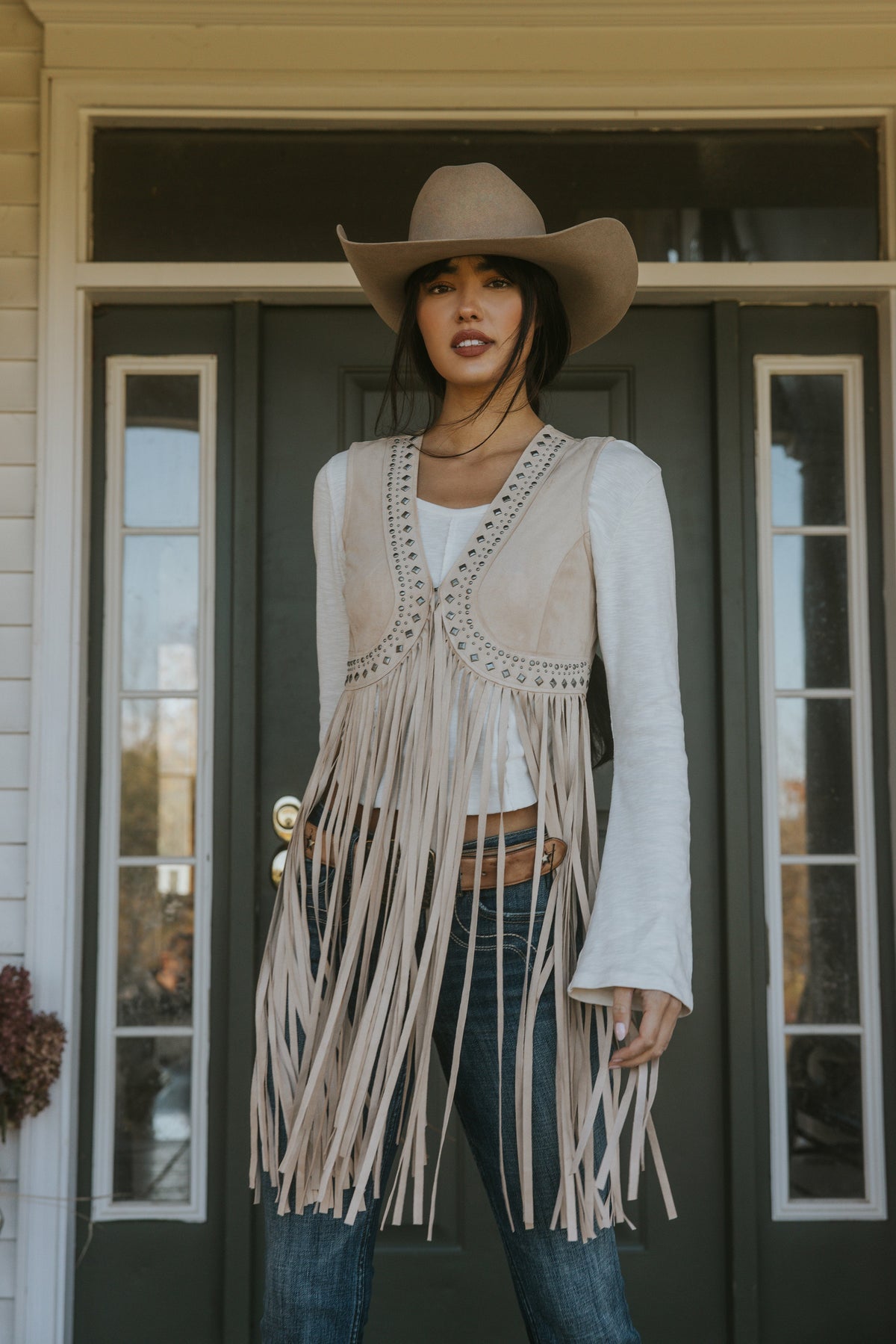 Idyllwind Walnut Studded Fringe Faux Suede Vest