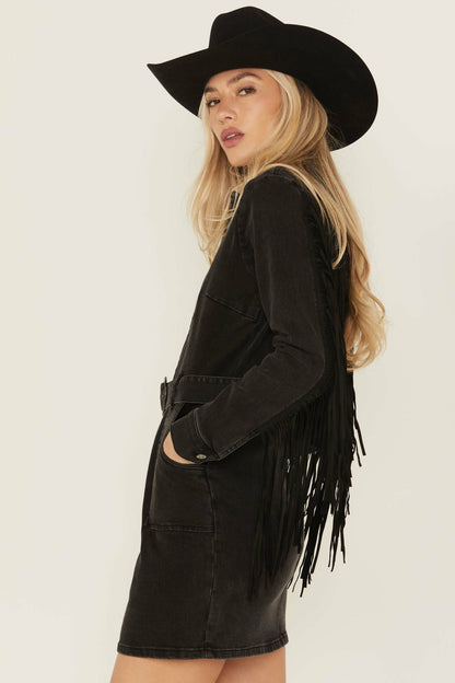 Idyllwind Fringe Long Sleeve Stretch Denim Mini Dress