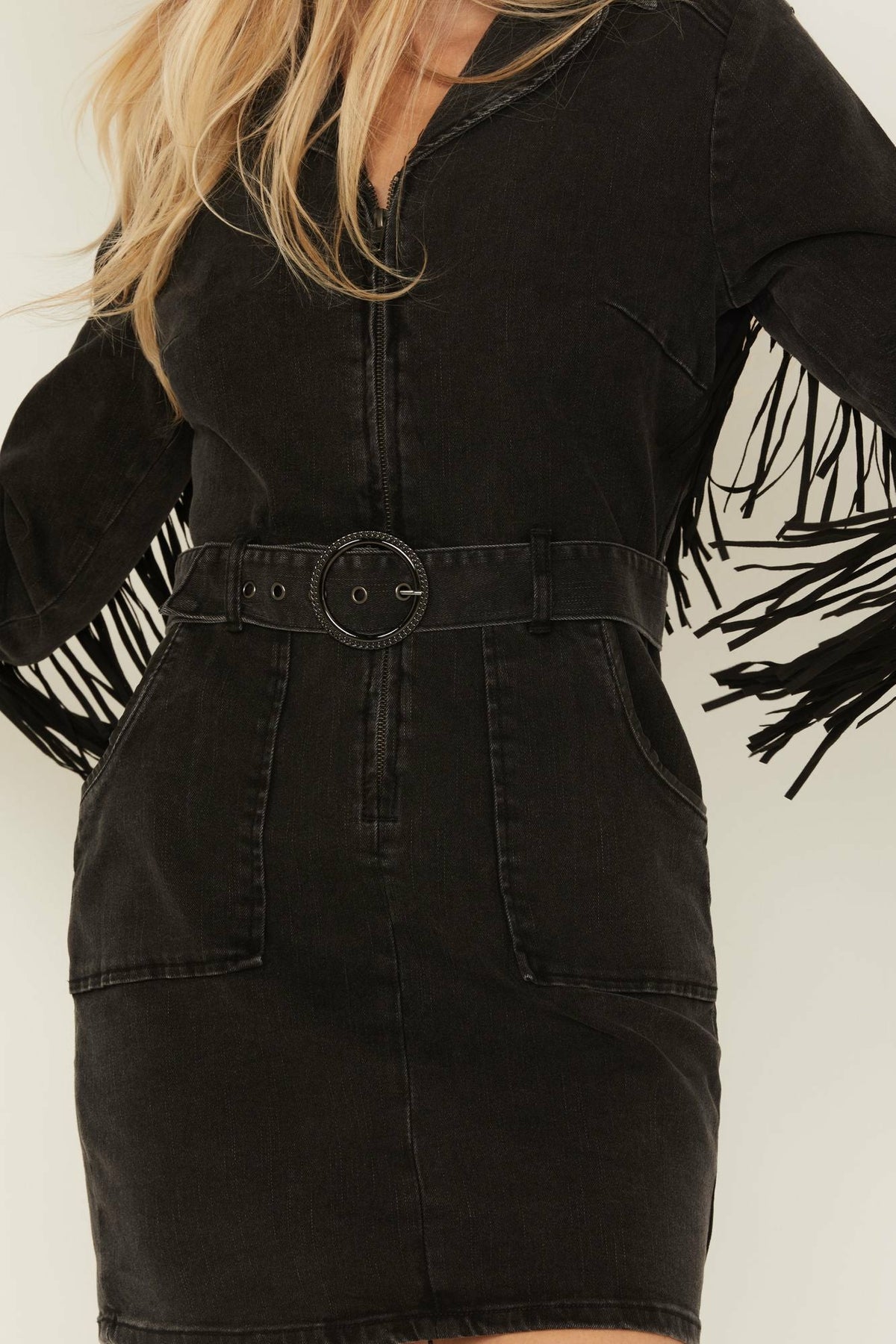 Idyllwind Fringe Long Sleeve Stretch Denim Mini Dress