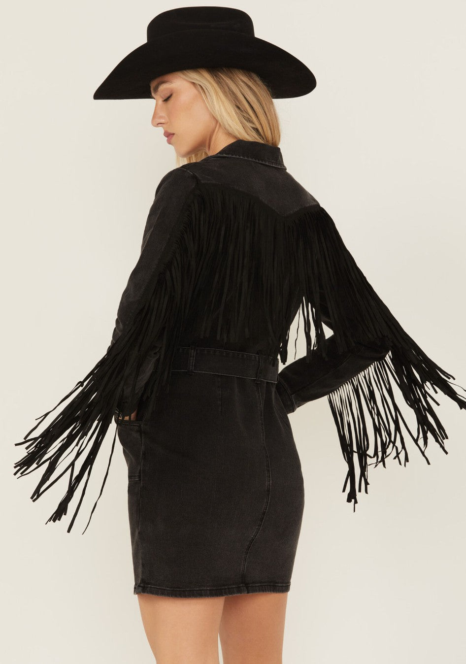 Idyllwind Fringe Long Sleeve Stretch Denim Mini Dress