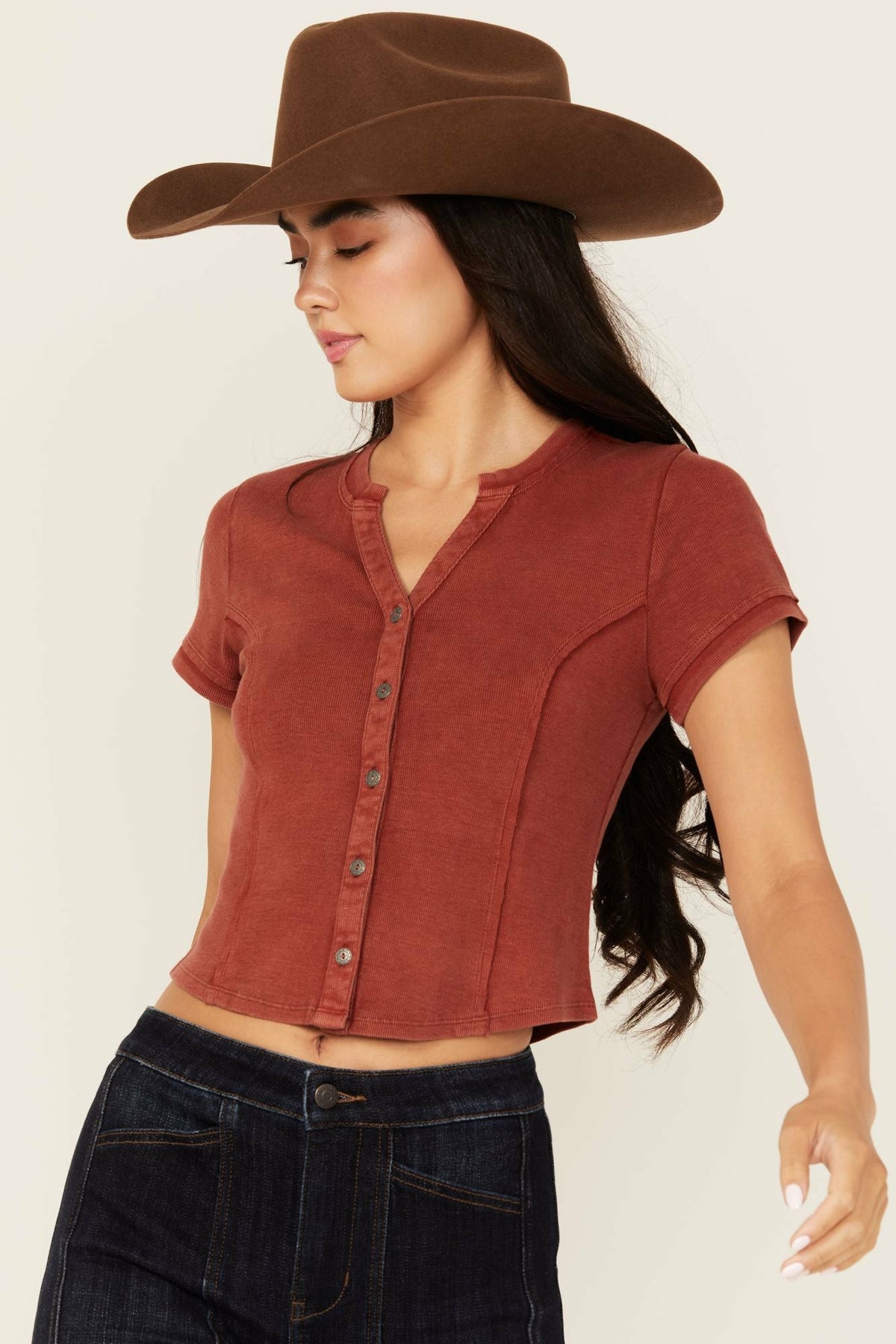 Idyllwind Solid Short Sleeve Button-Down Cropped Tee