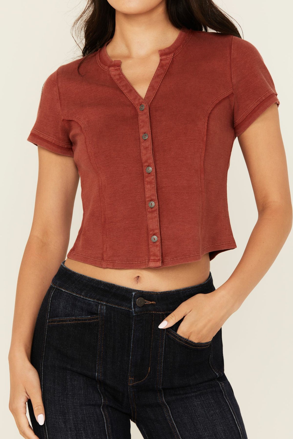 Idyllwind Solid Short Sleeve Button-Down Cropped Tee