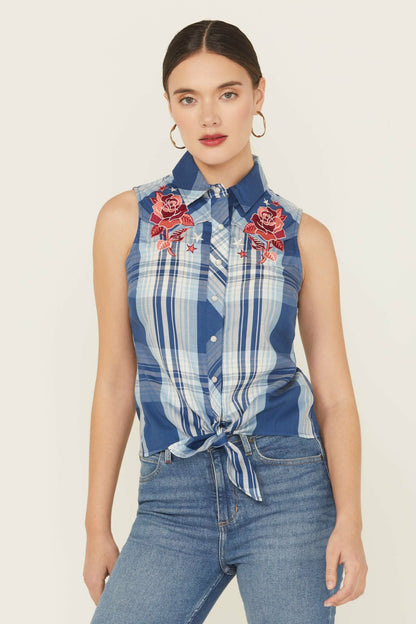 Idyllwind Plaid Print Embroidered Front Sleeveless Snap Western Shirt