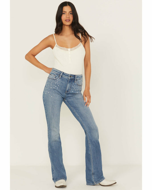 Idyllwind Legend Medium Wash High Rise Rhinestone Studded Bootcut Super Stretch Denim Jeans