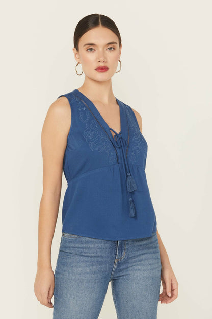 Idyllwind Cedar Embroidered Tie-Front Sleeveless Top