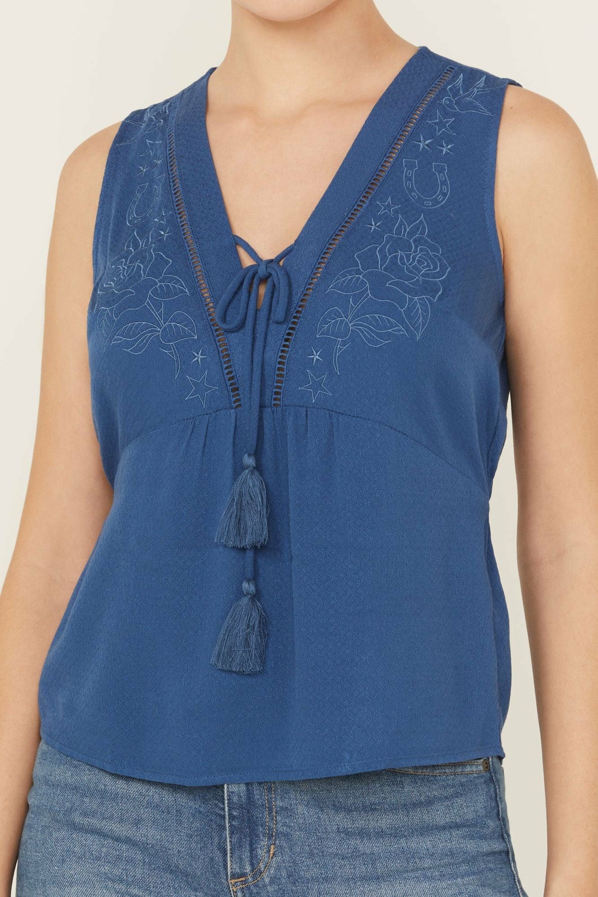 Idyllwind Cedar Embroidered Tie-Front Sleeveless Top