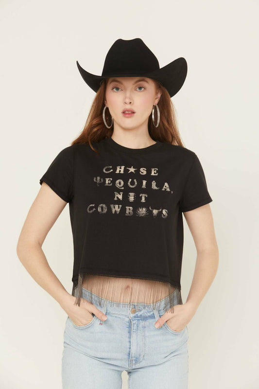Idyllwind Chase Tequila Ball Chain Fringe Short Sleeve Cropped Graphic Tee