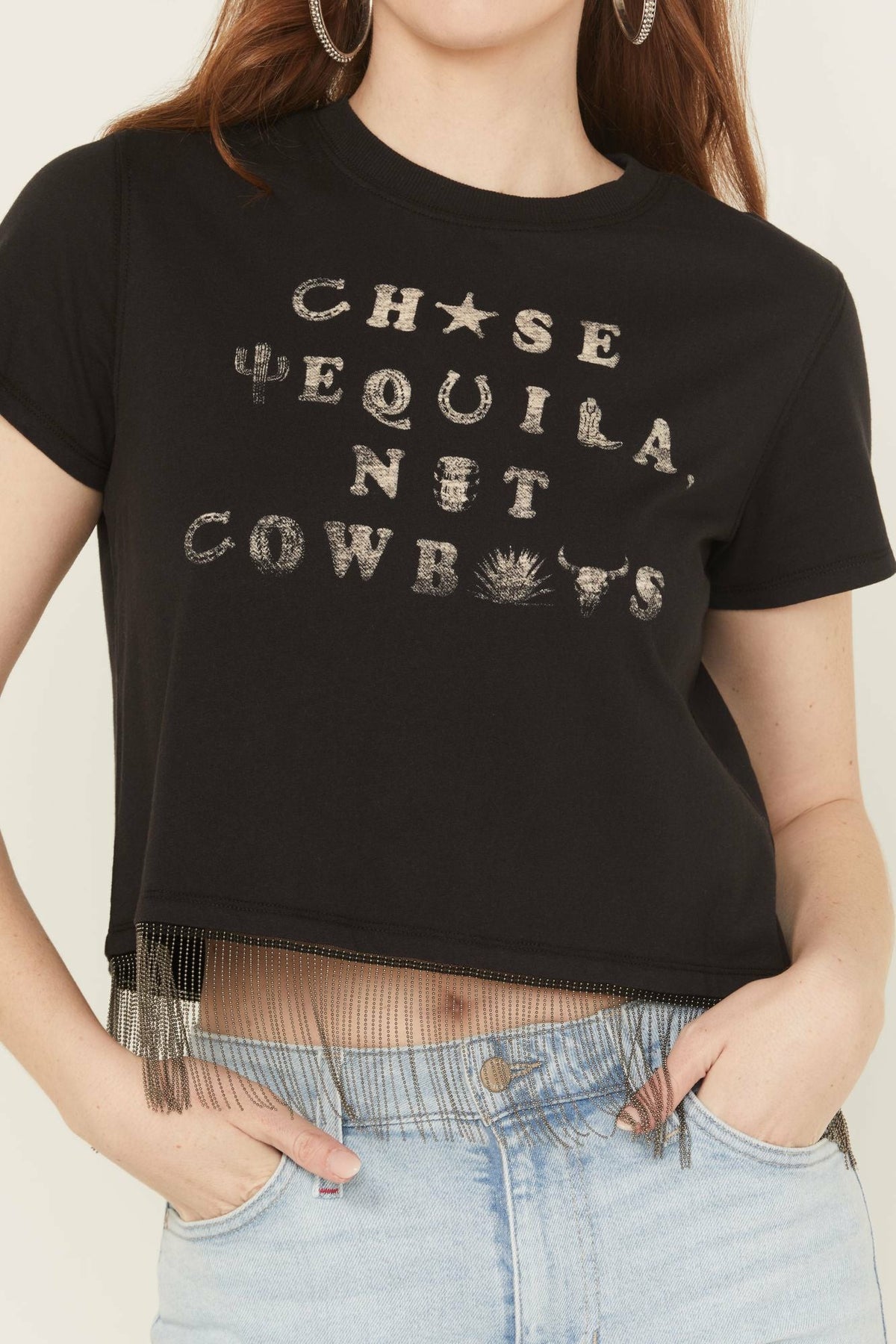 Idyllwind Chase Tequila Ball Chain Fringe Short Sleeve Cropped Graphic Tee