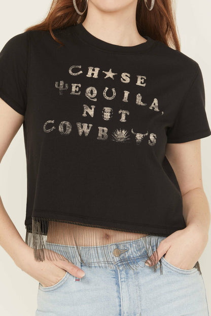 Idyllwind Chase Tequila Ball Chain Fringe Short Sleeve Cropped Graphic Tee