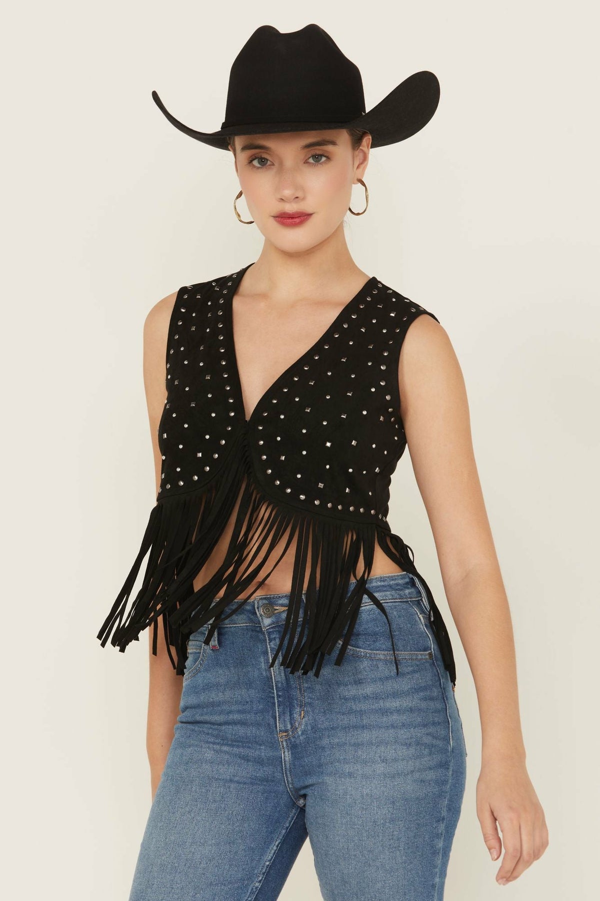 Idyllwind Embellished Faux Suede Cropped Fringe Vest
