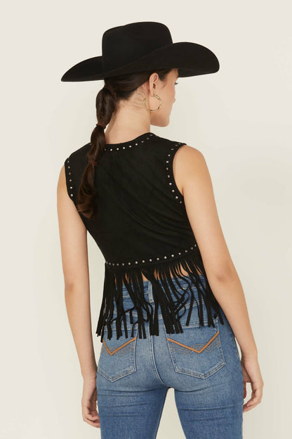 Idyllwind Embellished Faux Suede Cropped Fringe Vest