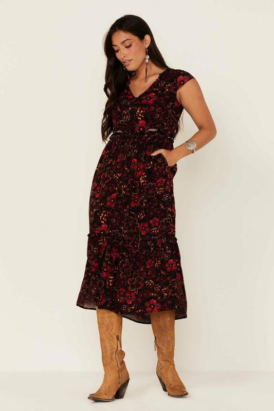 Idyllwind Black Floral Willow Branch Midi Dress