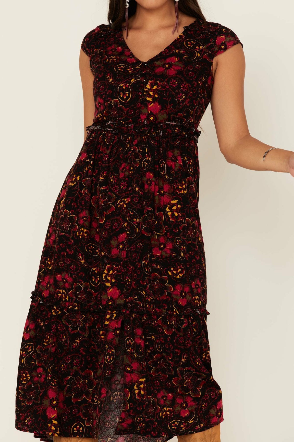 Idyllwind Black Floral Willow Branch Midi Dress