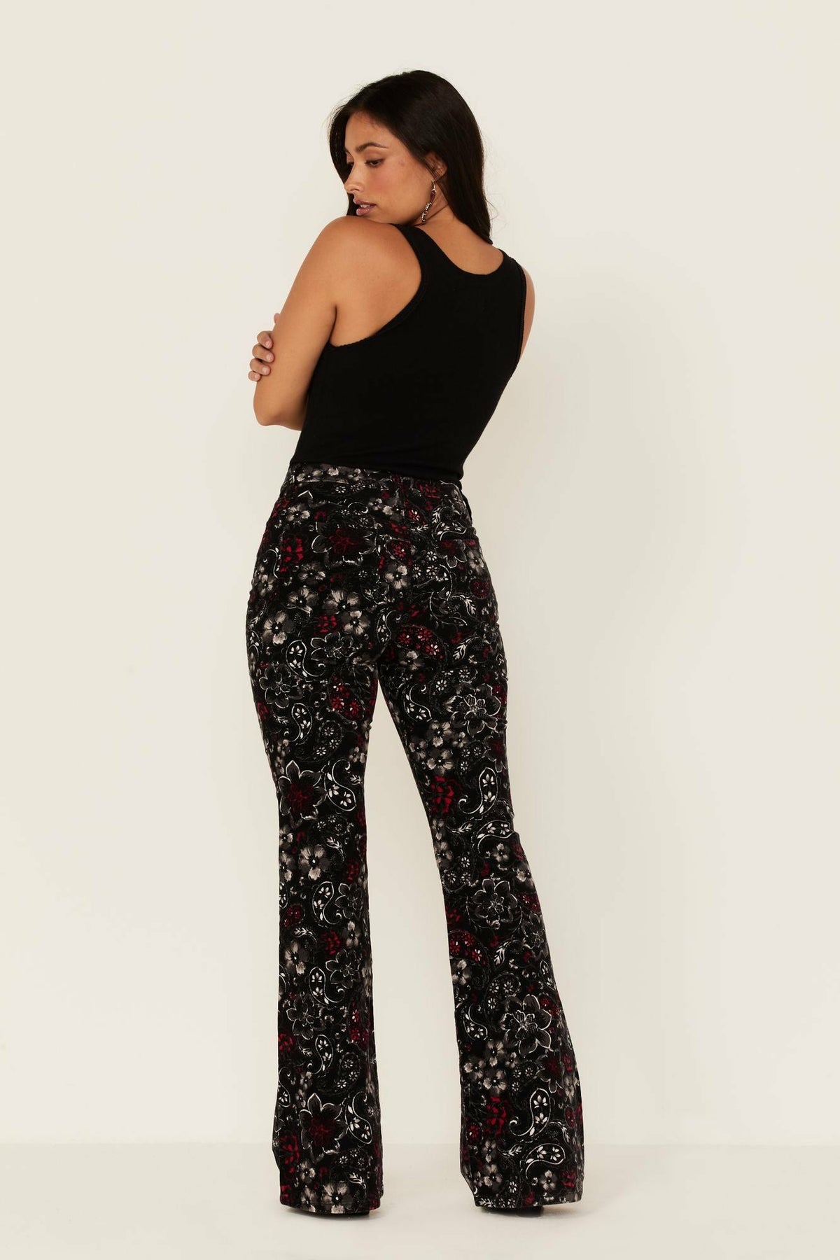 Idyllwind Black Floral Print High Rise Flare Cords