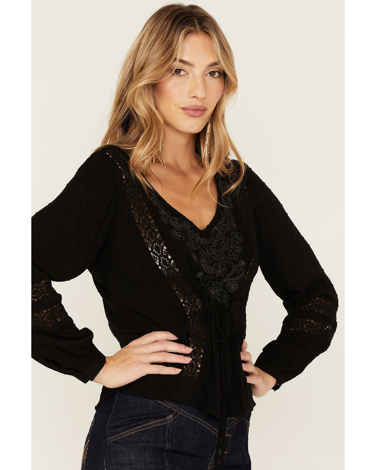 Idyllwind Romance Floral Embroidered Swiss Dot Blouse