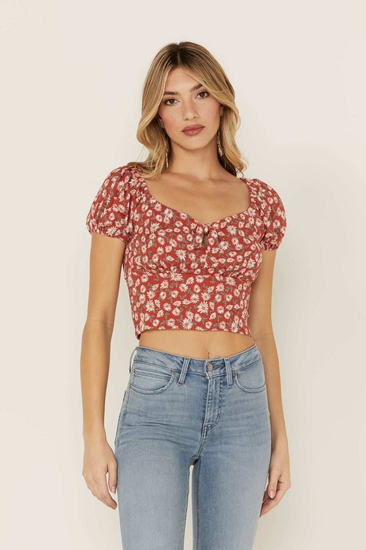 Idyllwind Bay Cove Brick Red Floral Crop Peasant Top