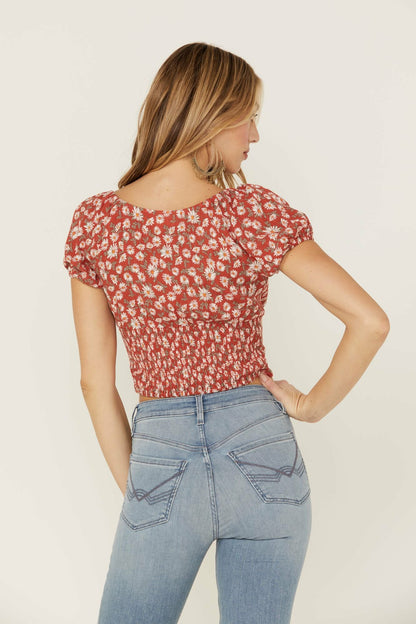 Idyllwind Bay Cove Brick Red Floral Crop Peasant Top