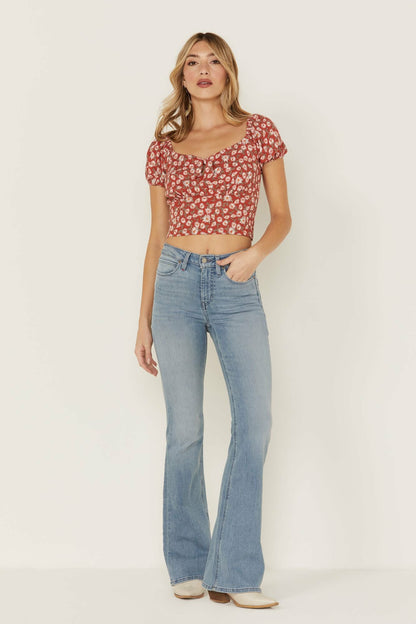 Idyllwind Bay Cove Brick Red Floral Crop Peasant Top
