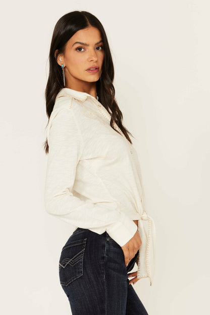 Idyllwind Embroidered Tie Front Knit Long Sleeve Western Snap Top