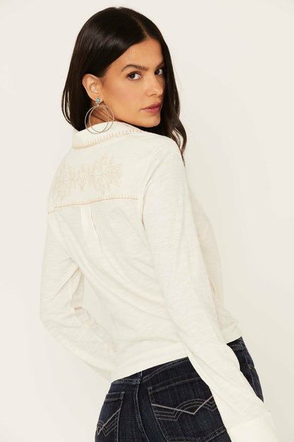 Idyllwind Embroidered Tie Front Knit Long Sleeve Western Snap Top
