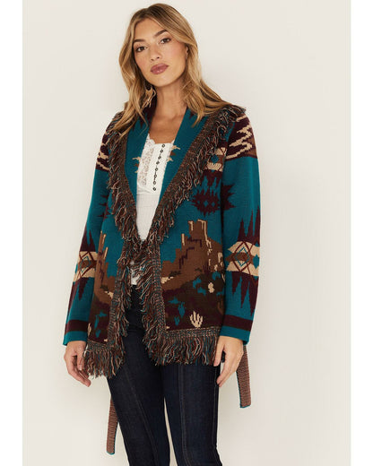 Idyllwind River Run Southwestern Print Belted Cardigan Sweater