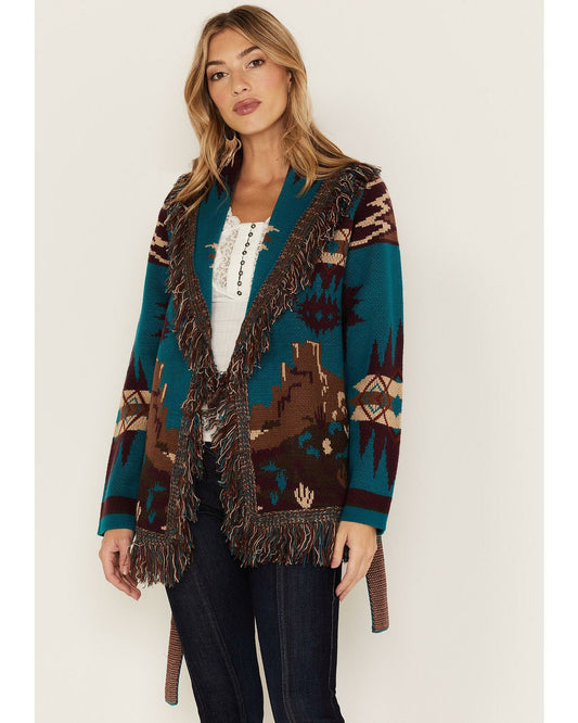 Idyllwind River Run Southwestern Print Belted Cardigan Sweater