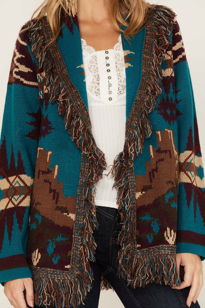 Idyllwind River Run Southwestern Print Belted Cardigan Sweater