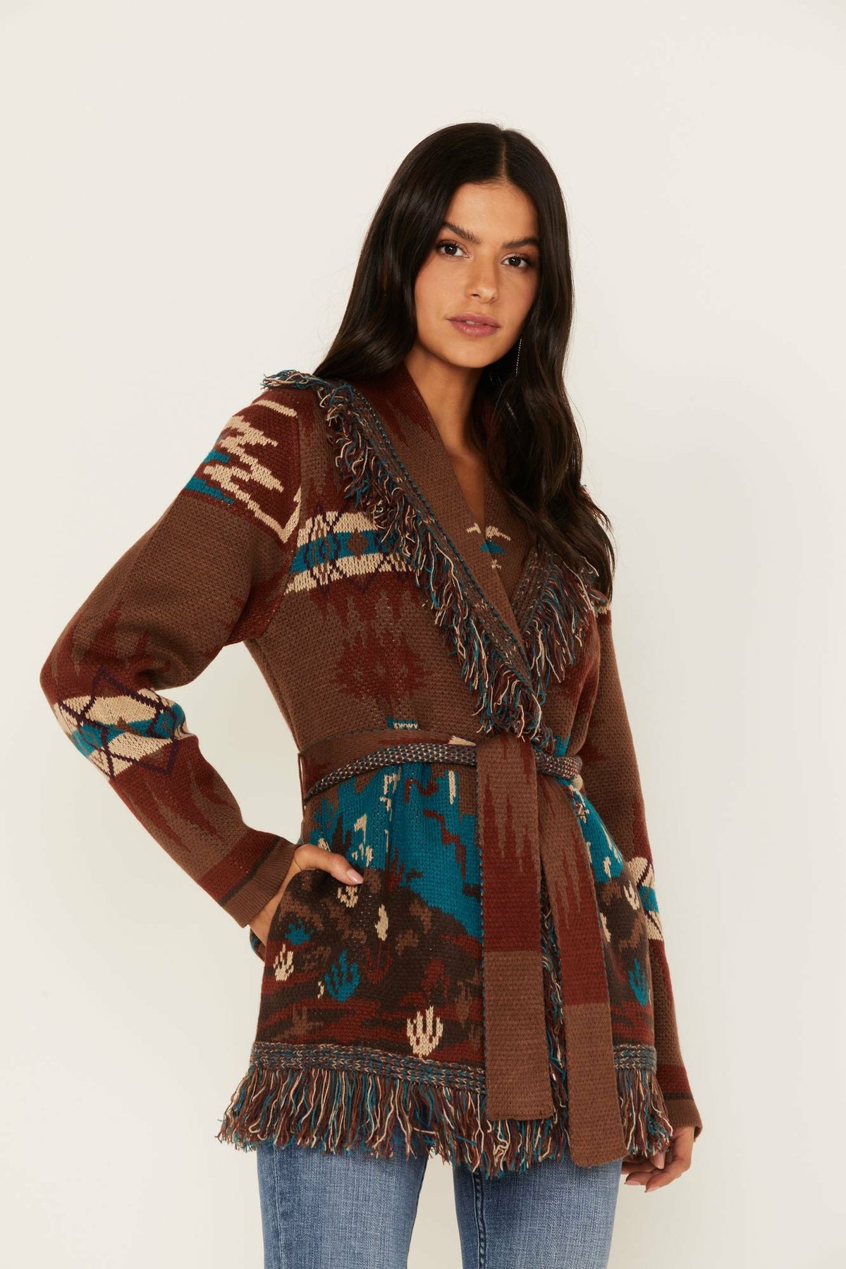 Idyllwind River Run Southwestern Print Belted Cardigan Sweater