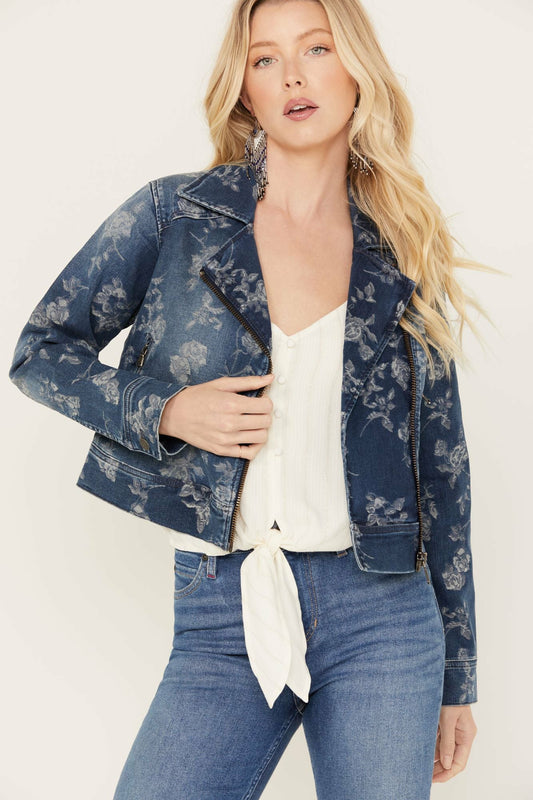 Idyllwind Floral Drive Print Denim Moto Jacket