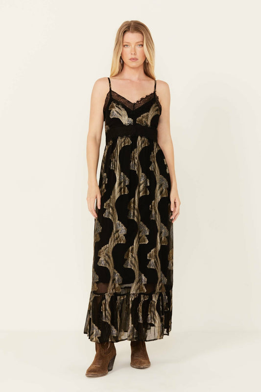 Idyllwind Verde Lace Inset Metallic Print Dress