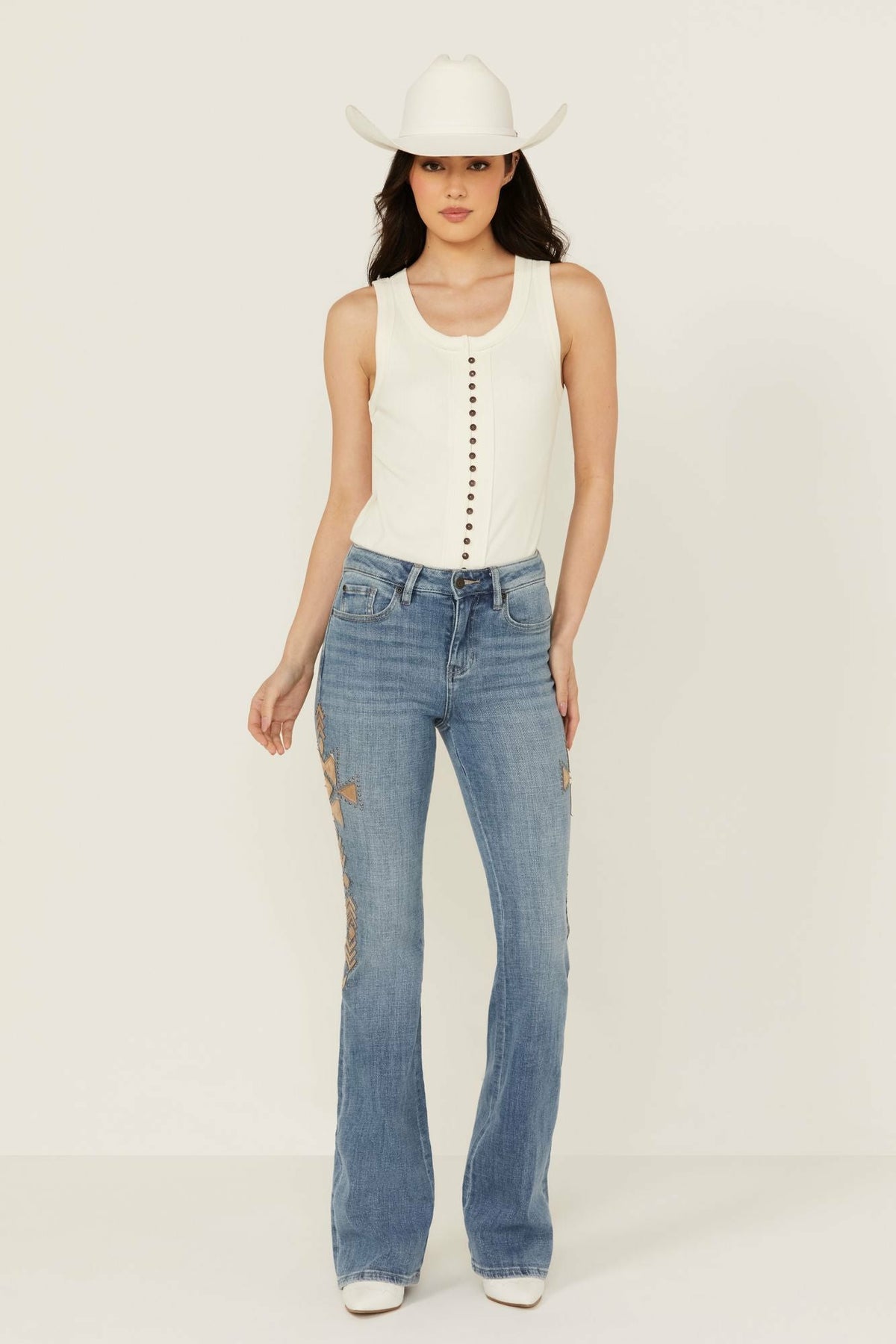 Idyllwind Ellis Medium Wash Gypsy High Rise Faux Suede Embellished Bootcut Comfort Stretch Denim Jeans