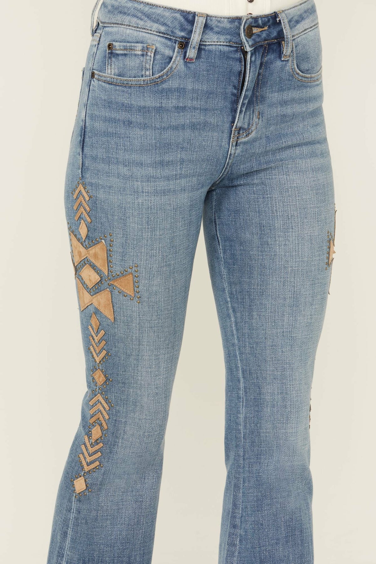 Idyllwind Ellis Medium Wash Gypsy High Rise Faux Suede Embellished Bootcut Comfort Stretch Denim Jeans
