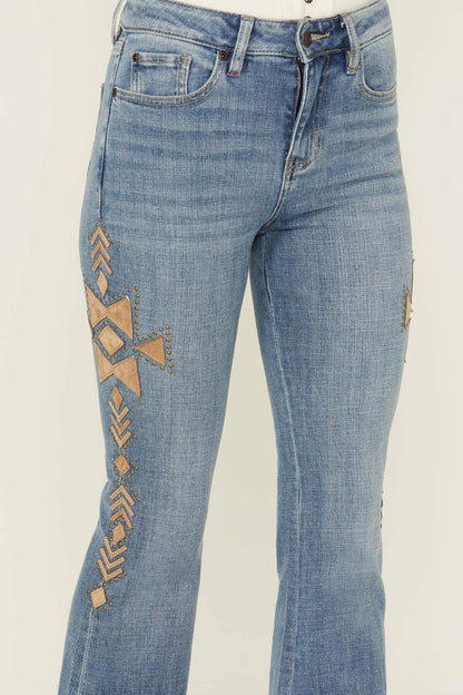 Idyllwind Ellis Medium Wash Gypsy High Rise Faux Suede Embellished Bootcut Comfort Stretch Denim Jeans