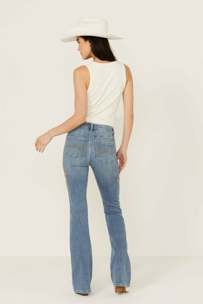 Idyllwind Ellis Medium Wash Gypsy High Rise Faux Suede Embellished Bootcut Comfort Stretch Denim Jeans