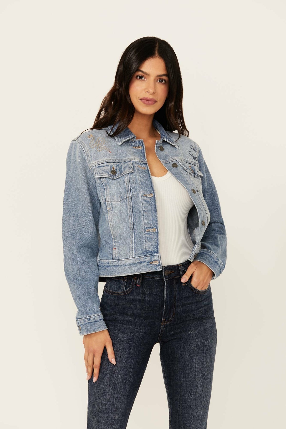 Idyllwind Western Cowboy Embroidered Rigid Medium Wash Trucker Jacket