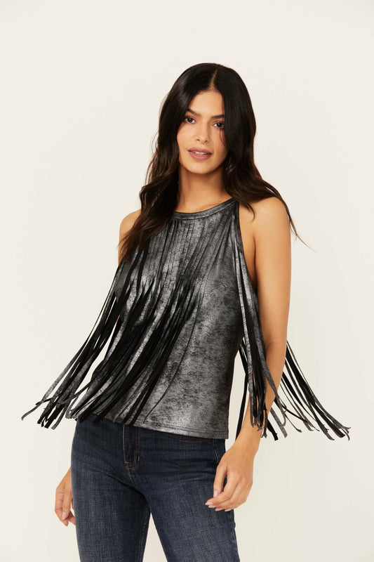 Idyllwind Prescott Foiled Faux Suede Fringe Tank