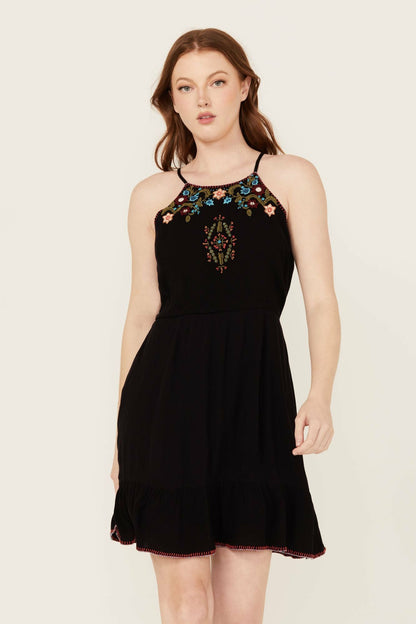 Idyllwind Wolfeboro Embroidered And Beaded Halter Mini Dress