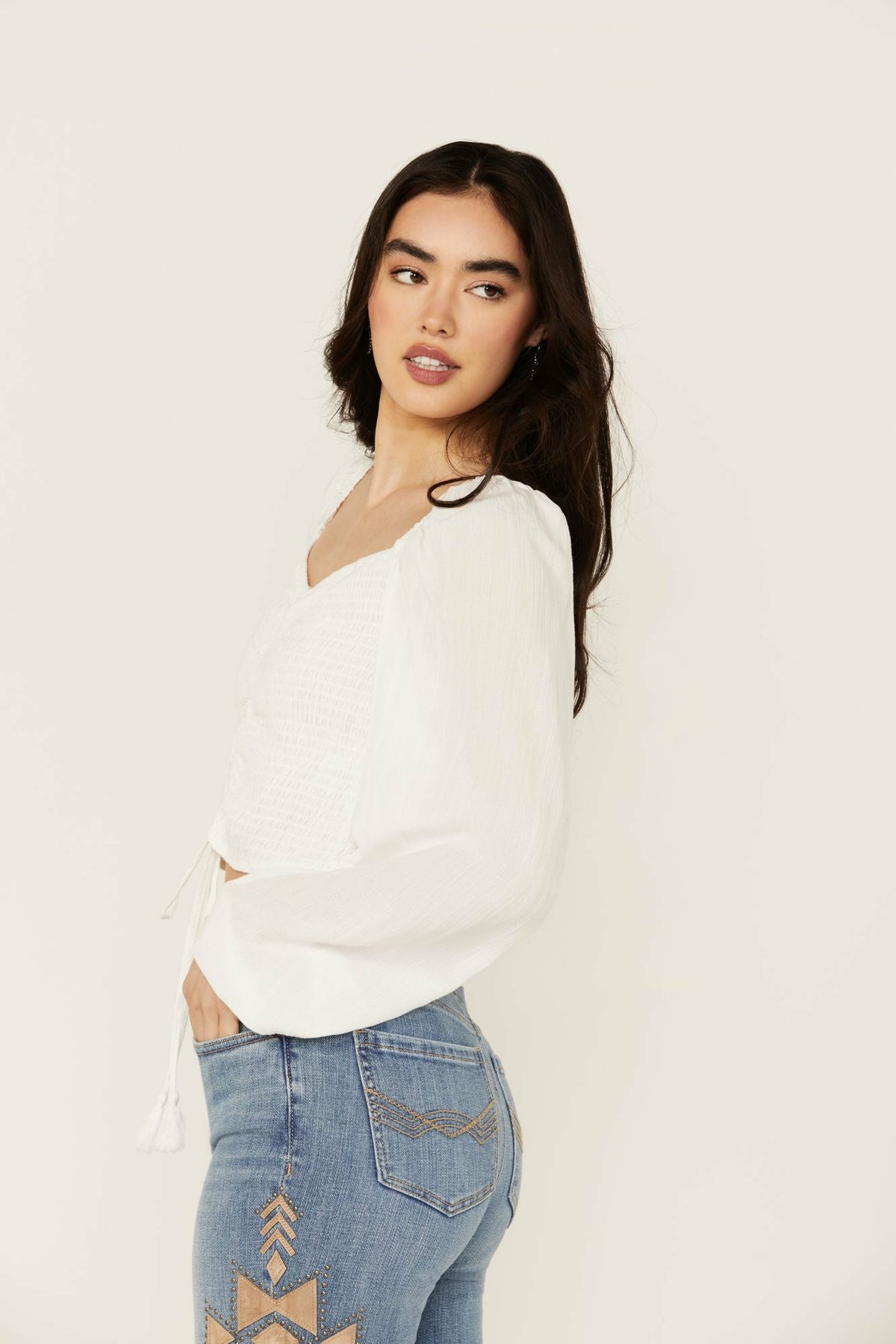 Idyllwind Lena Smocked Long Sleeve Cropped Blouse