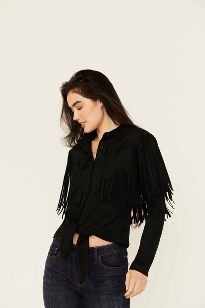 Idyllwind Fate Faux Suede Fringe Long Sleeve Button-Down Tie-Front Shirt