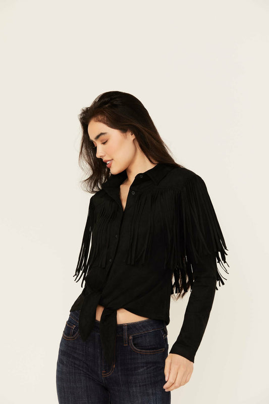Idyllwind Fate Faux Suede Fringe Long Sleeve Button-Down Tie-Front Shirt