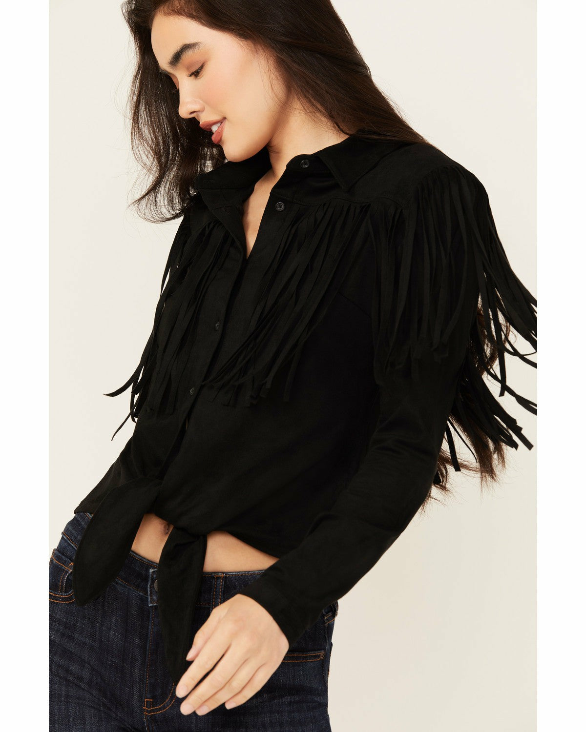 Idyllwind Fate Faux Suede Fringe Long Sleeve Button-Down Tie-Front Shirt