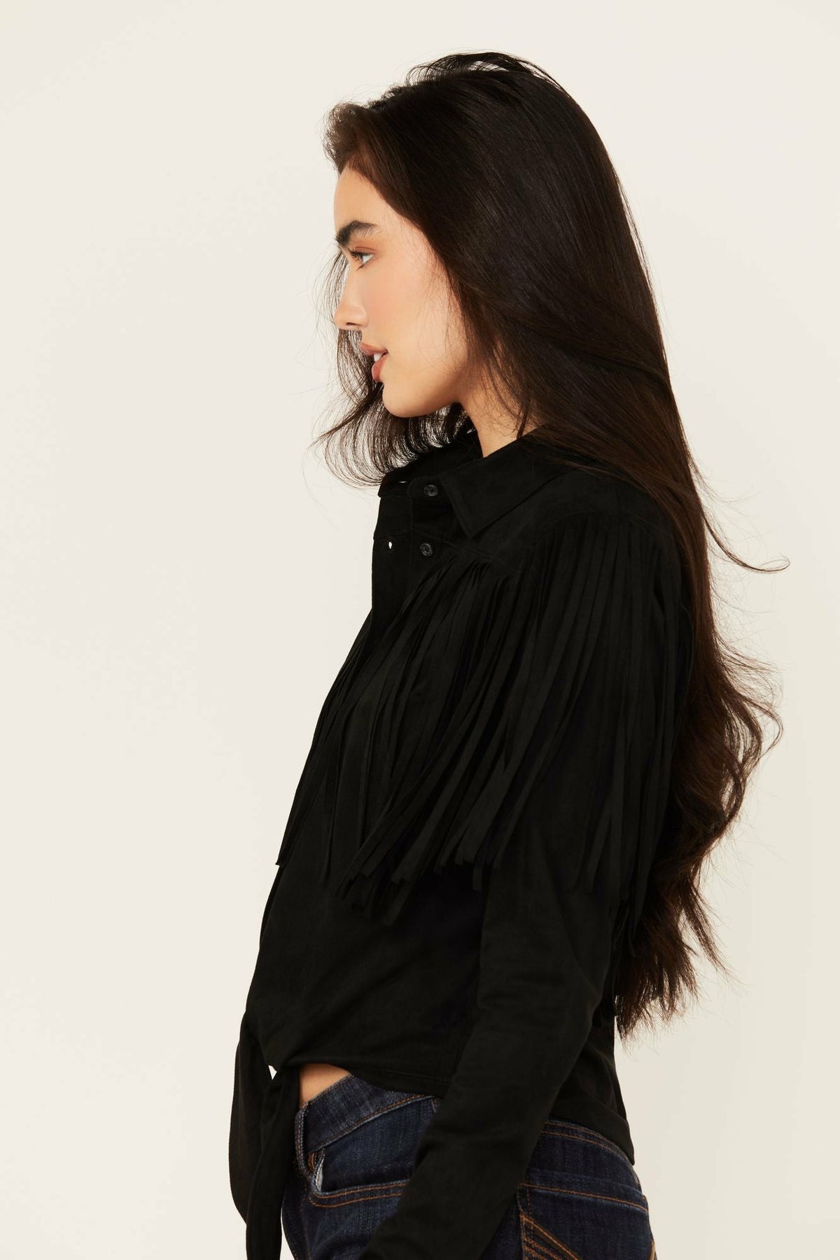 Idyllwind Fate Faux Suede Fringe Long Sleeve Button-Down Tie-Front Shirt