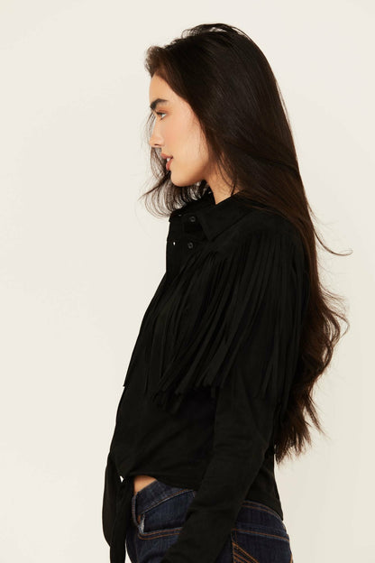 Idyllwind Fate Faux Suede Fringe Long Sleeve Button-Down Tie-Front Shirt