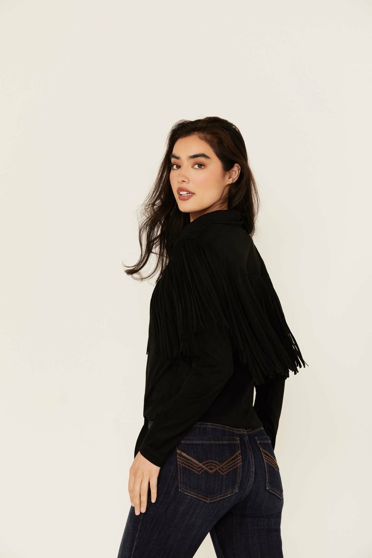 Idyllwind Fate Faux Suede Fringe Long Sleeve Button-Down Tie-Front Shirt